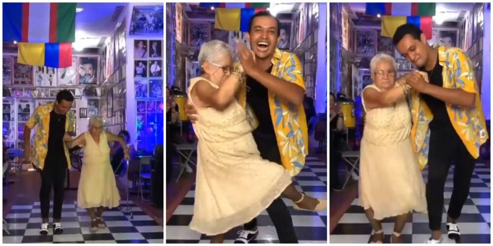 Stunning video as old woman drops walking aid to dance with young man, steals show with footworks