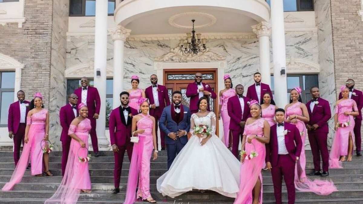 Adorable wedding photo lights up social media as couple, groomsmen and bridesmaids showcase beauty