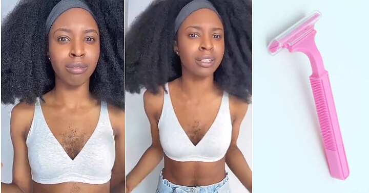 Lady shows off hairs on chest, flaunts hairs, no shaving