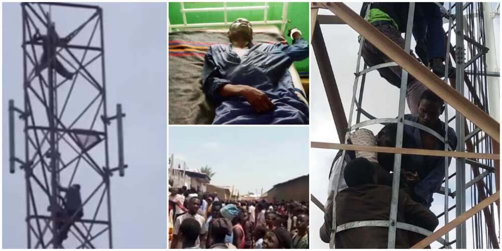 Reactions as Nigerian man climbs mast to commit suicide if his parents don't allow him get married