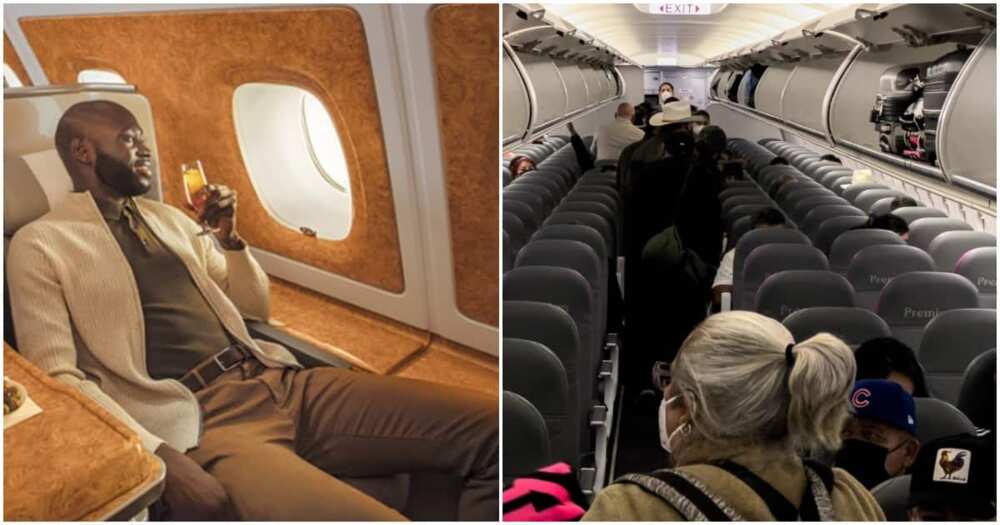 Man flies first class, woman, economy Man flies first class, woman, economy