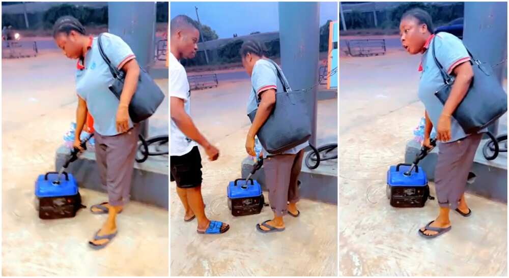 Photos of a pump attendant fueling a small generator.