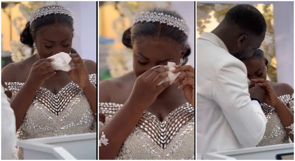 Photos of a bride crying at her wedding.