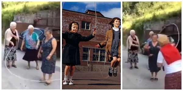 Old women and children skipping rope.