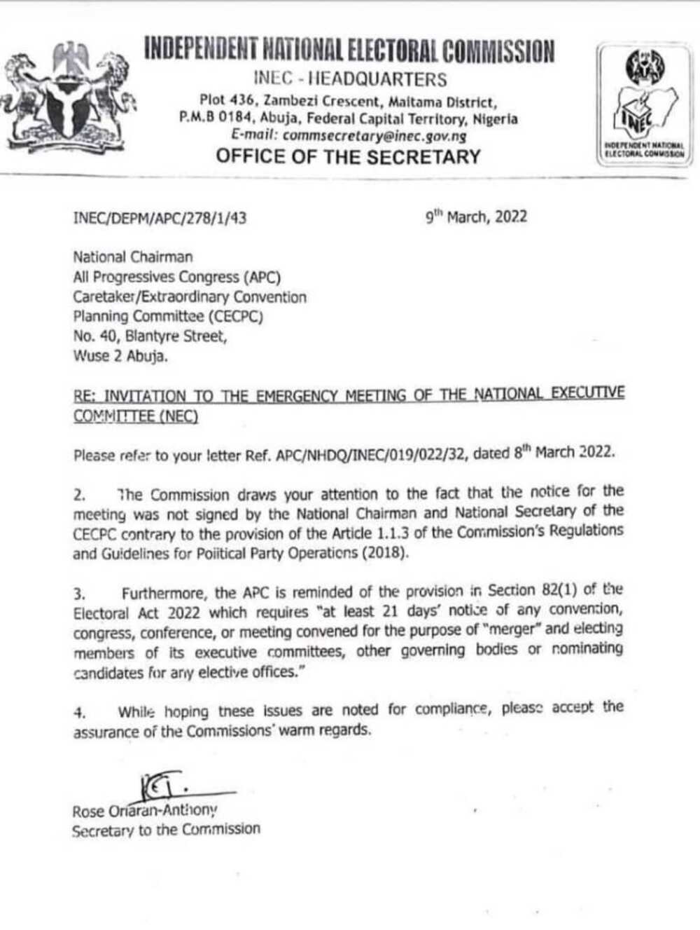 INEC letter to Governor Bello