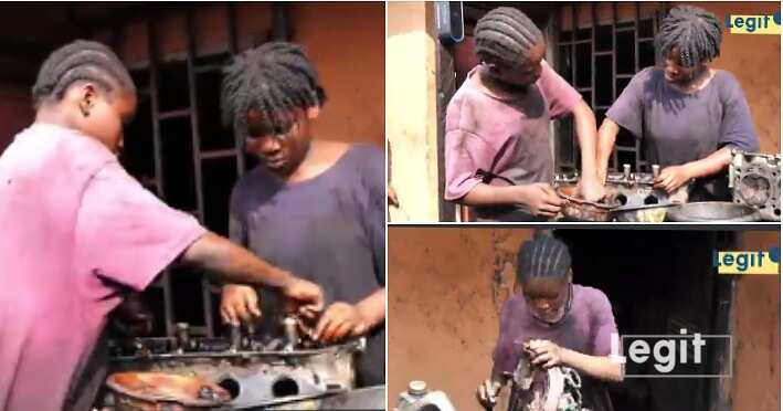 Teenage sisters repairing motor engines