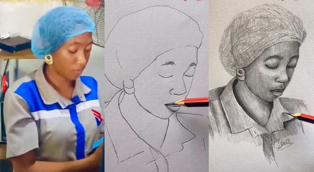 Photos of a restaurant lady drawn by an artist.