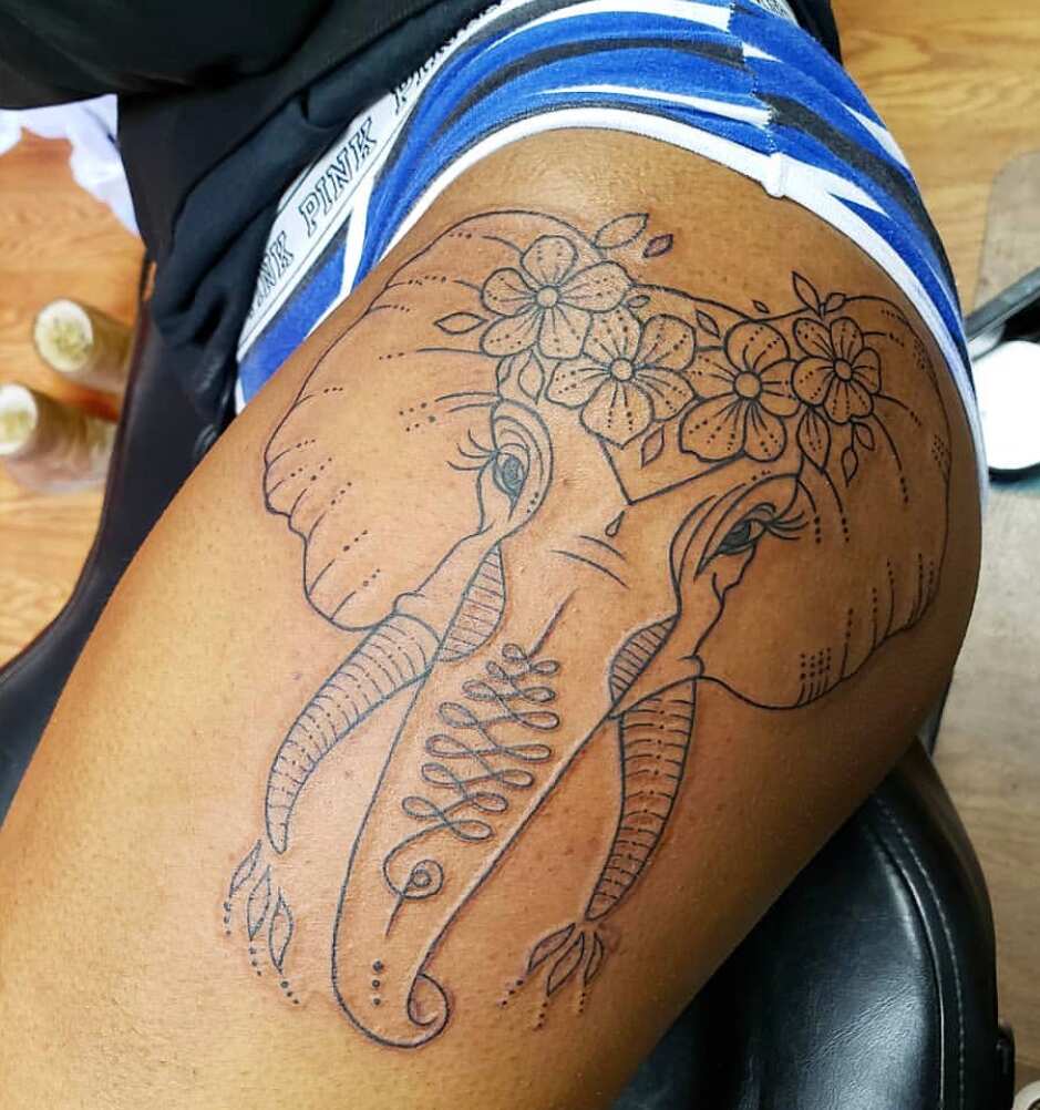Thanks sierraschram for letting me do this pretty elephant piece on you   blackandgrey el  Tatuajes de elefantes Tatuajes muslo femenino  Hermosos tatuajes