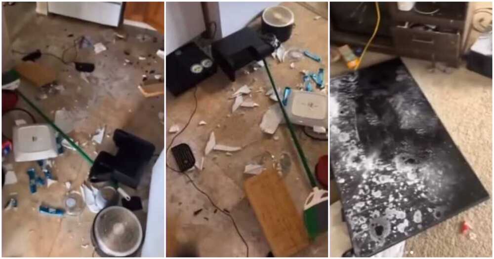 Lady destroys boyfrind's house, break up, TV, Xbox, video, breakfast
