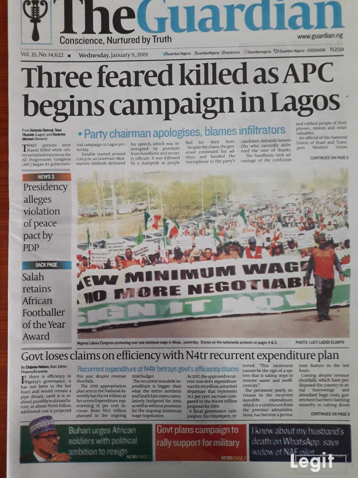 The Guardian newspaper for Wednesday, January 9. Credit: Legit.ng