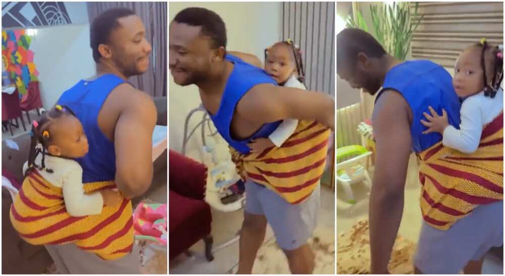 Photos of a dad with his baby on his back as he dances at home.