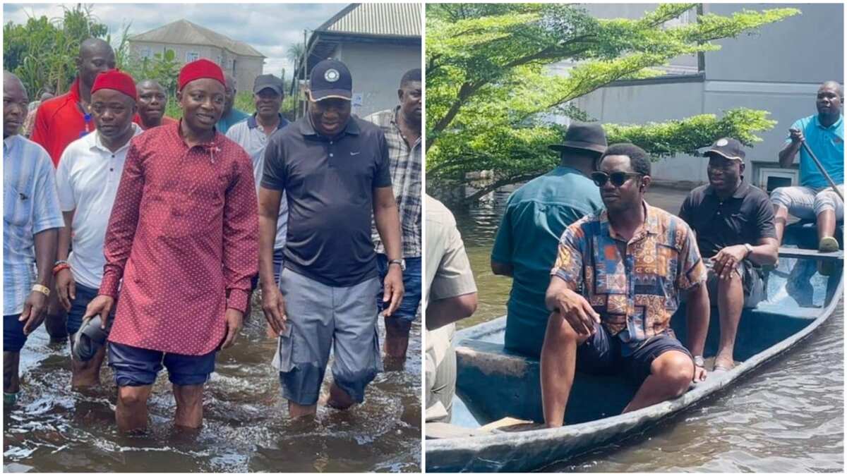 Photos: Ex-President Jonathan puts on shorts, rides in a canoe as flood takes over his Bayelsa residence