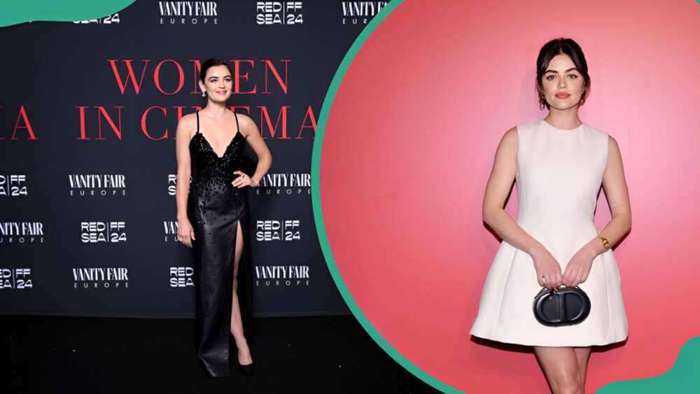 Lucy Hale at The Red Sea International Film Festival's "Women in Cinema" Gala (L). Lucy Hale at La Dolce Vita in Beverly Hills, California (R)