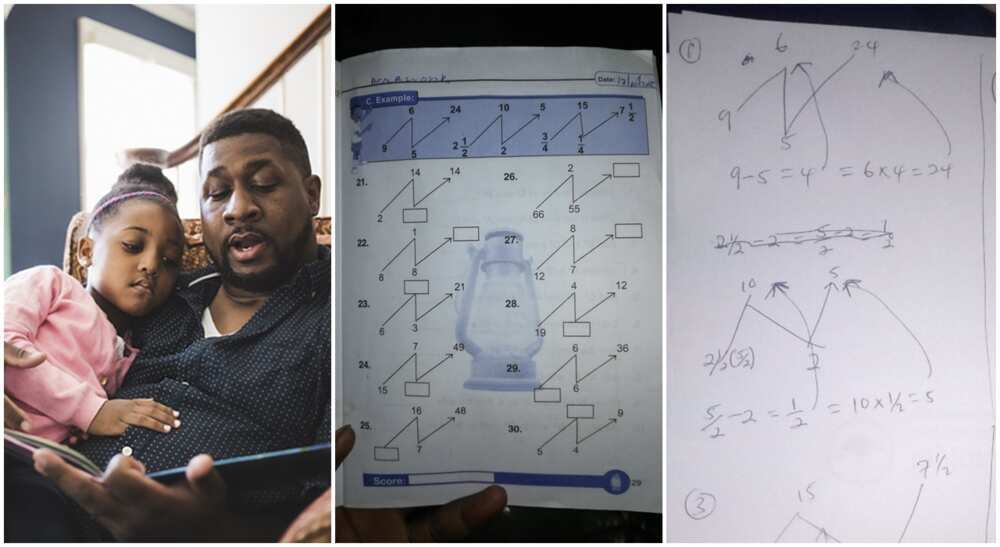 A Nigerian man shares photos of quantitative reasoning homework given to a child as he seeks help to resolve the questions.