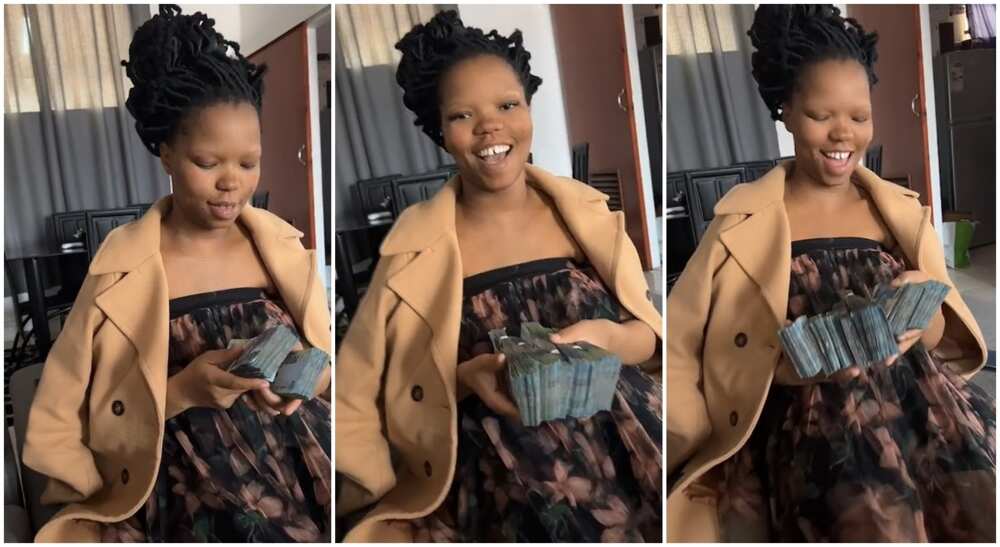 Photos of a lady showing of bundles of cash.