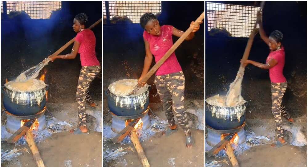 Photos of a lady preparing fufu in a large aluminium pot.