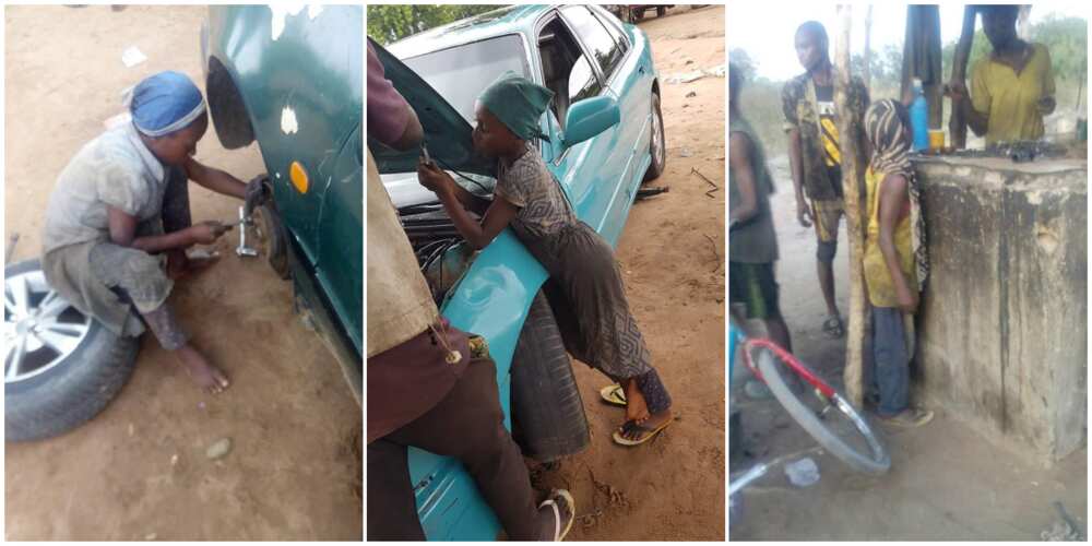 Photos of a primary school girl fixing cars cause huge stir, Nigerians wonder how she does it despite her age