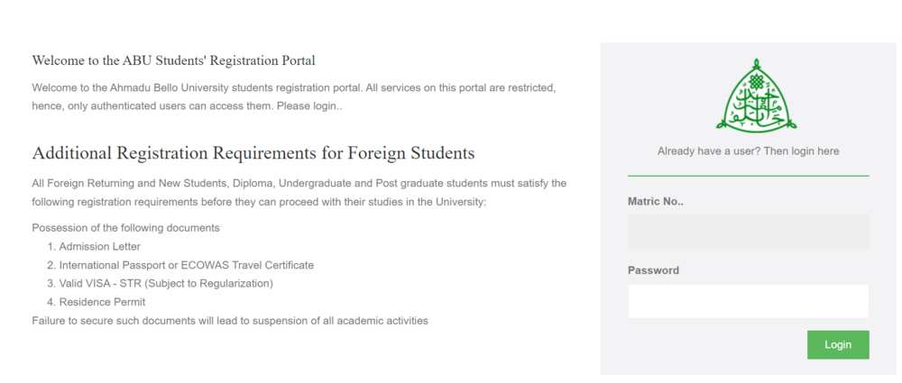 ABU students' registration portal