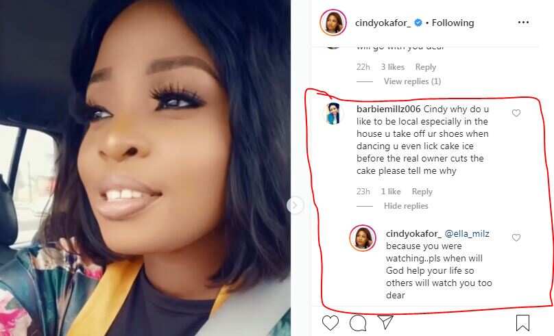 BBNaija star Cindy responds after troll asks why she likes to be local