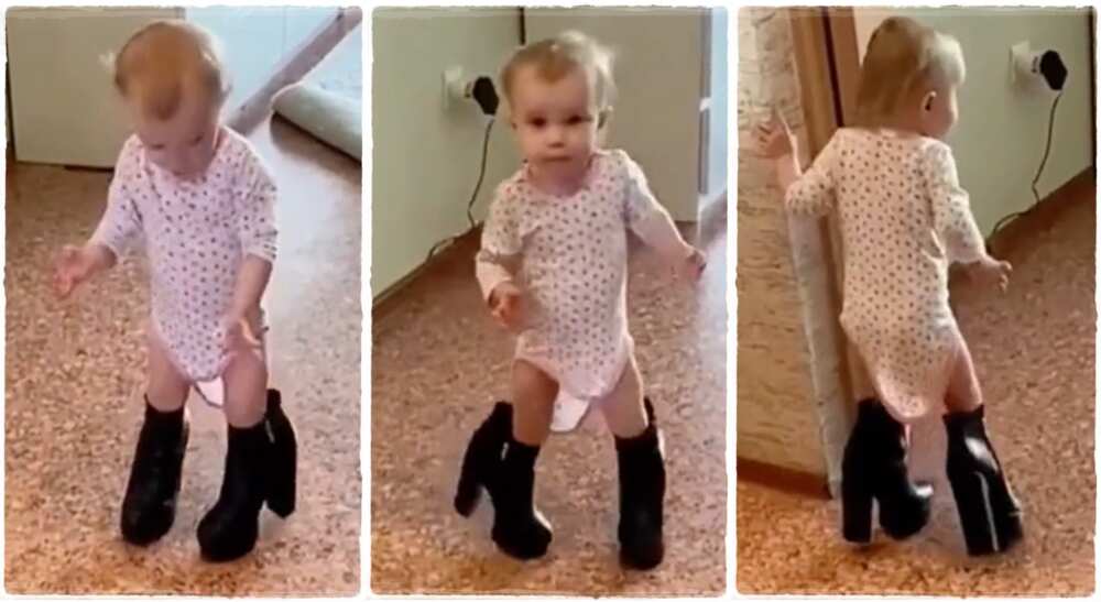 Photos of a baby girl wearing her mother's high-heeled shoes.