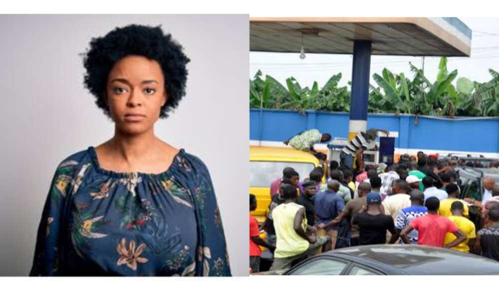Combined photos of a woman and people queueing at a petrol station