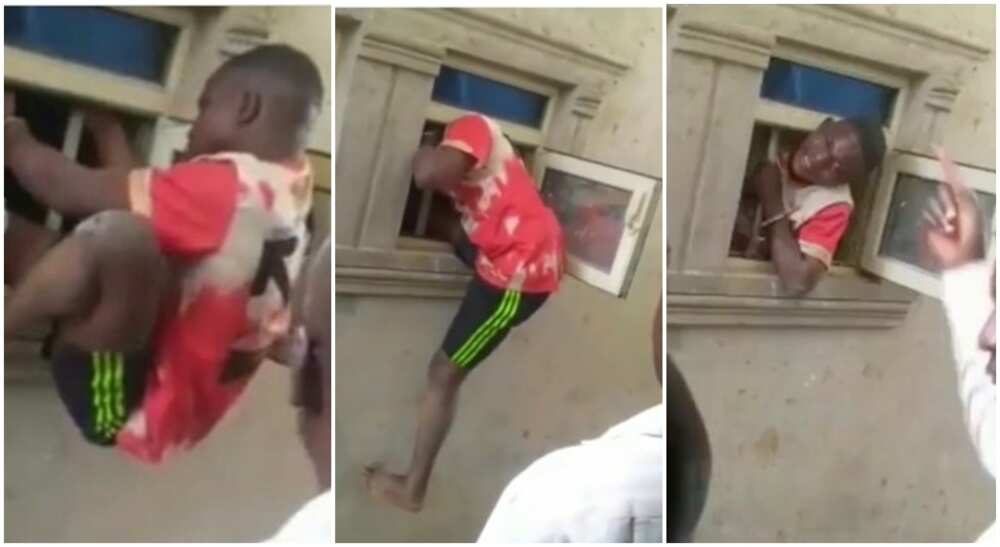 Thief arrested in Nigeria was forced to demonstrate how he entered an apartment.