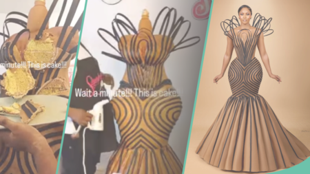 Lady bakes cake inspired by Osas Ighodaro's AMVCA 2024 dress: "This is a goddess of vexation"