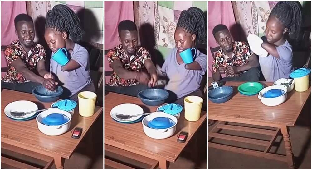 Photos of a physically challenged woman serving her husband.