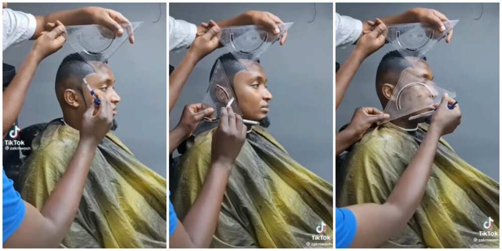 Photos of man receiving hair touch up.