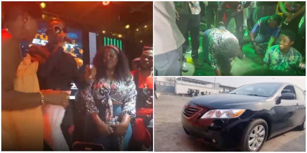 Lady falls on her knees, becomes emotional as she wins a car at Tunde Ednut's birthday party