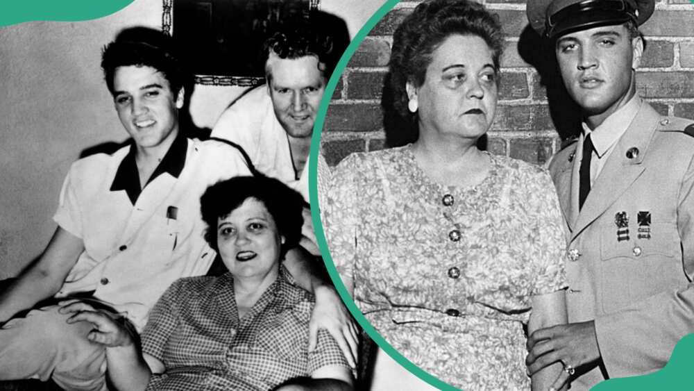 Elvis Presley with his parents Gladys and Vernon at their home (L) and Elvis Presley with his mom going to town for a sneak preview of the entertainer's latest movie, King Creole (R)