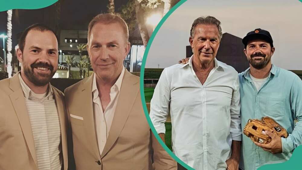 Joe Costner and Kevin Costner in brown suits (L). Joe and his father posing for a picture outdoors (R).
