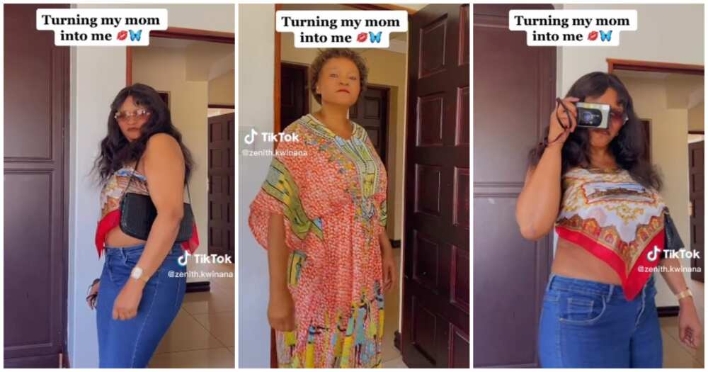 Mum, woman wears daughter's clothes, young mum, fine mum