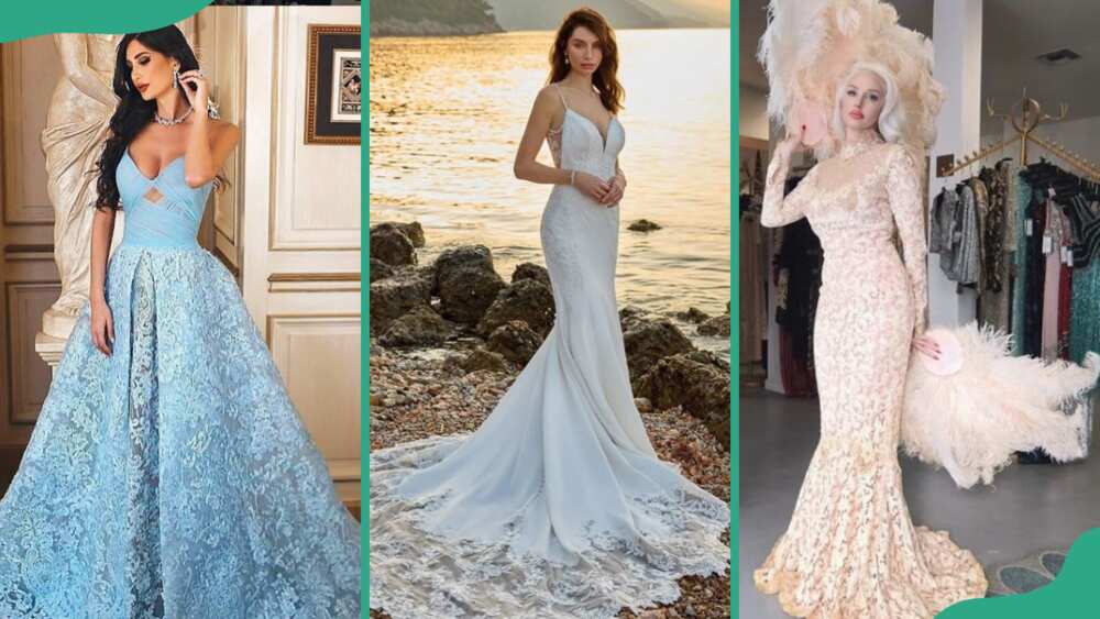 Light blue gown (L), off-white gown (C) and cream lace ball gown
