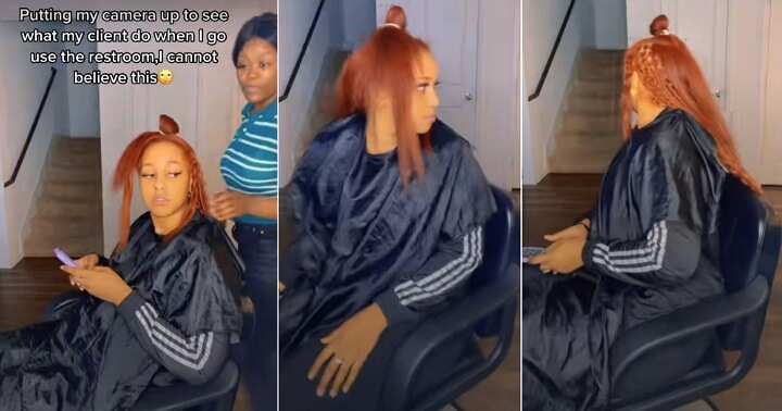 See what a hairdresser's secret camera nabbed a lady doing after she was left alone