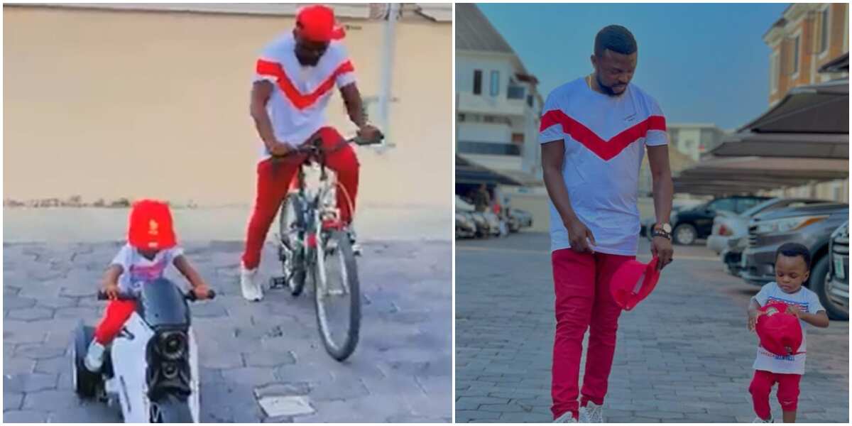 Fans gush over video of Toyin Abraham's hubby and son in matching outfits as they take bikes for a spin