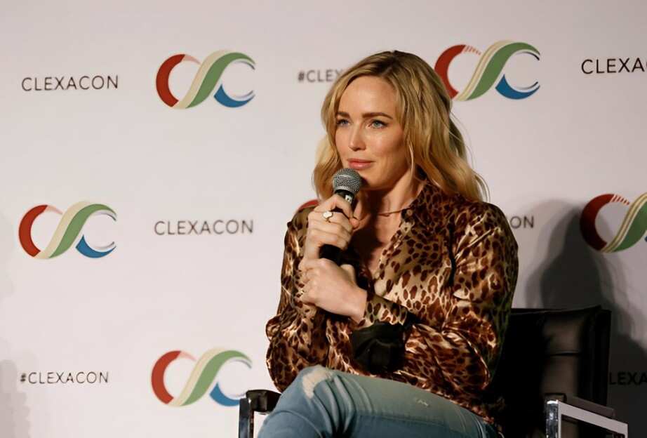 Caity Lotz speaks during the "Caity Lotz & Jes Macallan (Legends of Tomorrow)" panel during the ClexaCon 2021 convention