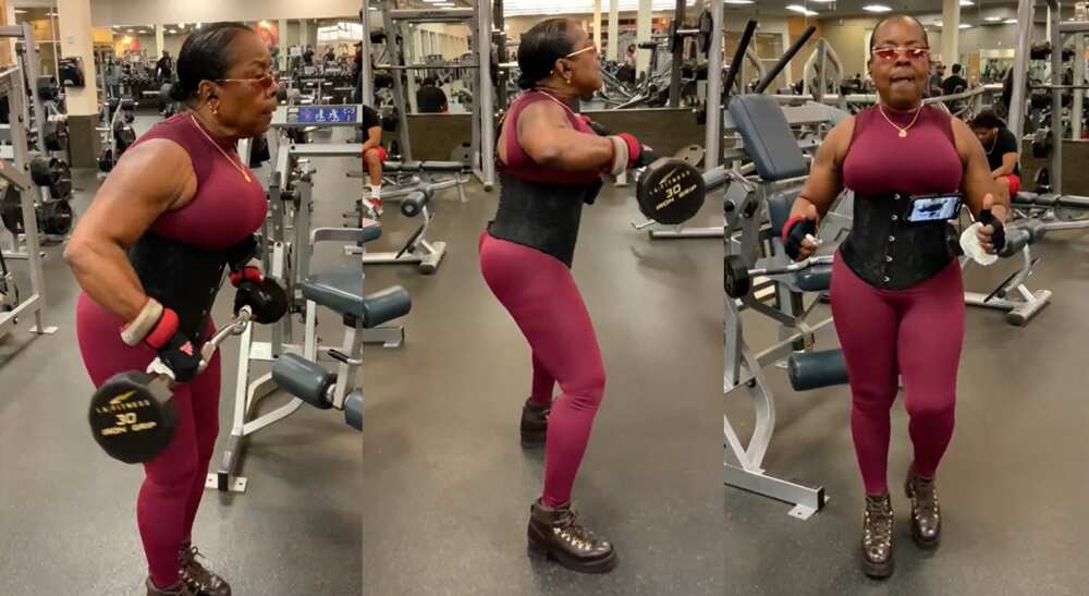 Photos shows an old woman lifting weights at the gym.