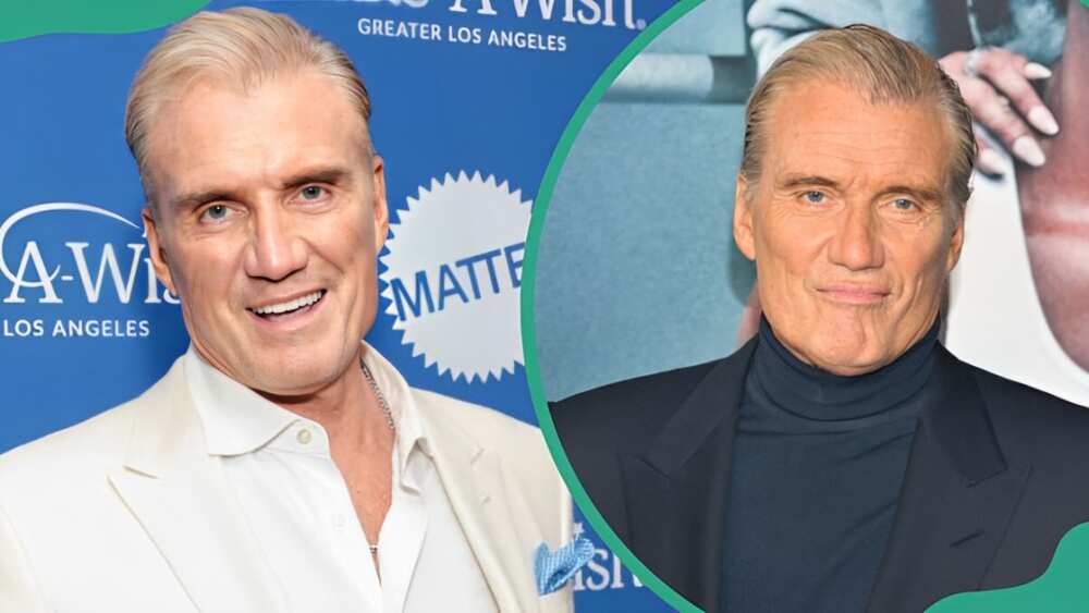 Dolph Actor Dolph Lundgren at the Wish Gala 2023 at Fairmont Century Plaza (L). Lundgren at the premiere of Creed III (R)