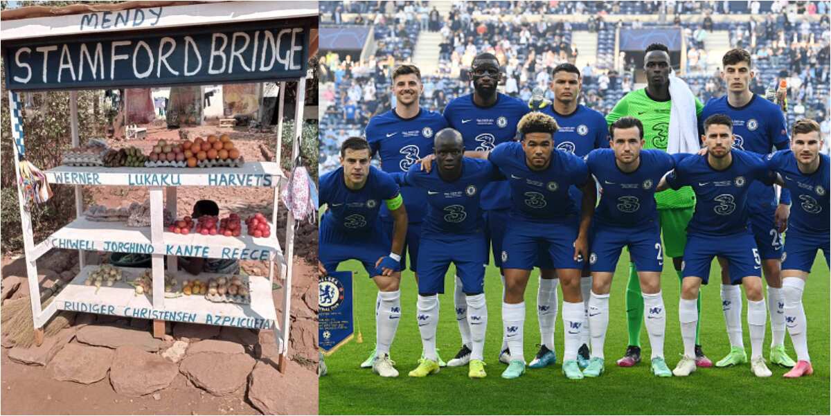 Trending photo of market seller displaying goods and food items with the names of Chelsea stars