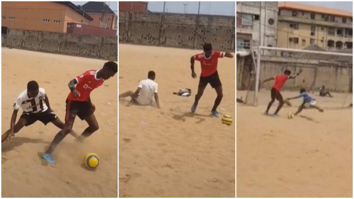 Man dribbles player, makes him fall, goes to goal post, causes keeper to look for 'missing ball' in video