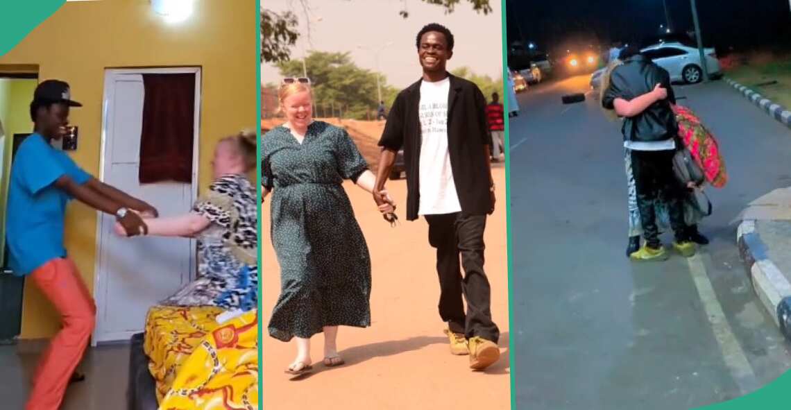 Confusion as white lady finally unites with her Nigerian lover after years of social media dating