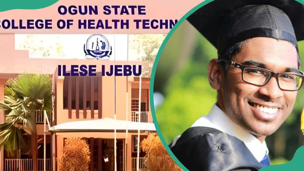 Ogun State College of Health Technology building with a logo, (L). A student wearing a graduation outfit smiling (R)