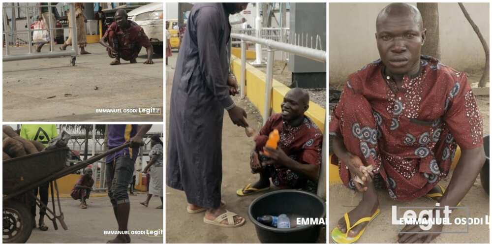 Nigerians react to viral photos of physically challenged man who hustles on busy Lagos roads to cater for family in Oyo