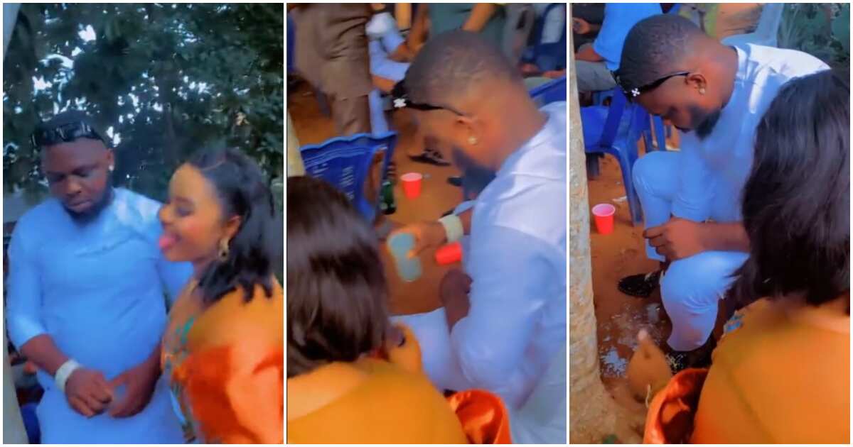 Video as groom refuses to drink palm wine from bride at wedding, pours it on ground