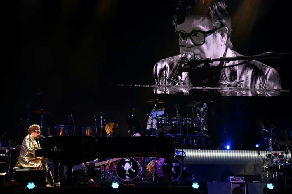 British legendary singer Elton John performs at the Glastonbury festival in the village of Pilton in southwest England, in June 2023