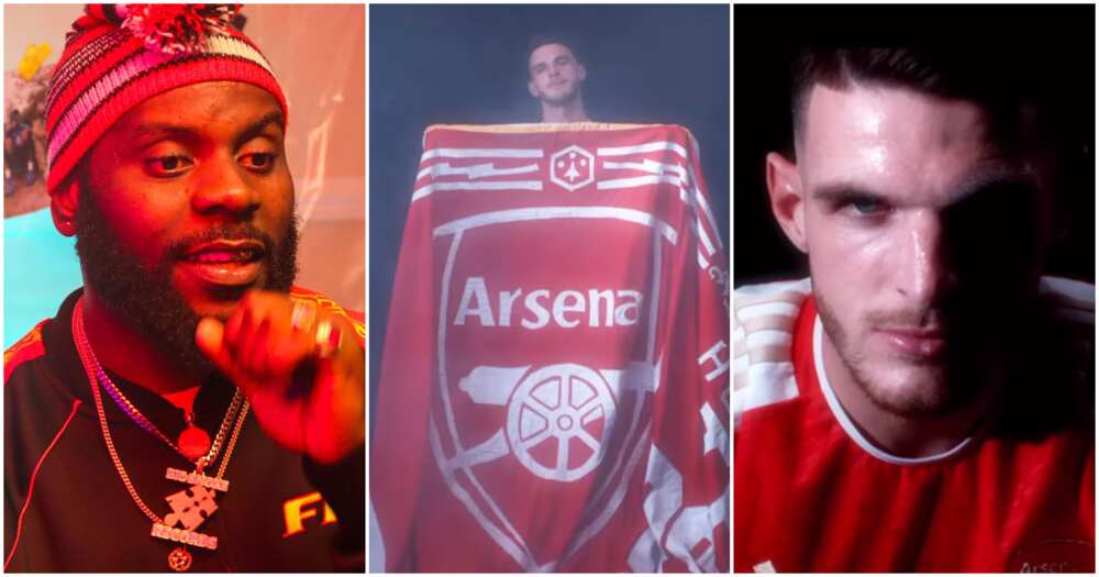 Declan Rice: Odumodu Blvck reacts as Arsenal unveils new player with his song.