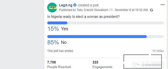 85% of Nigerians believe the country is not yet ready for a female president - Legit poll