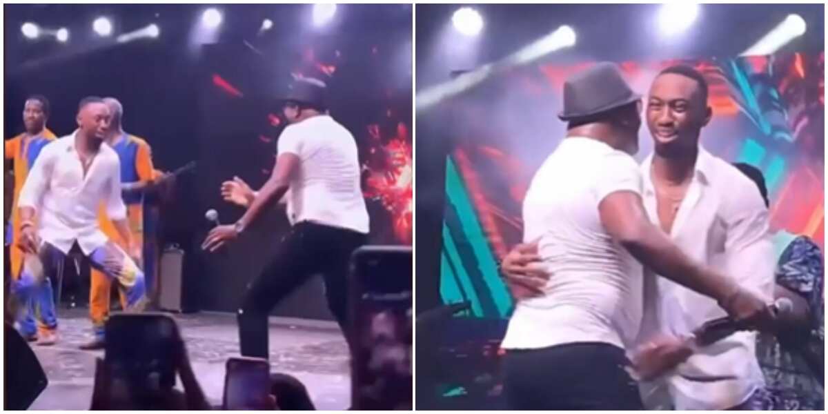 Moment 64-year-old musician Shina Peters battles BBNaija's Saga on stage at event, crowd goes wild in video