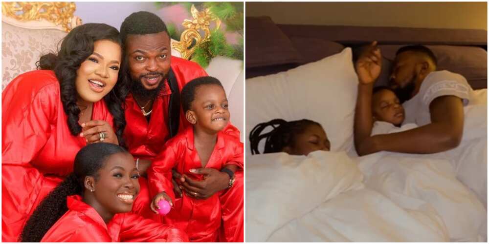 Toyin Abraham 'fumes' after hubby, kids abandoned her on big bed, occupy small one
